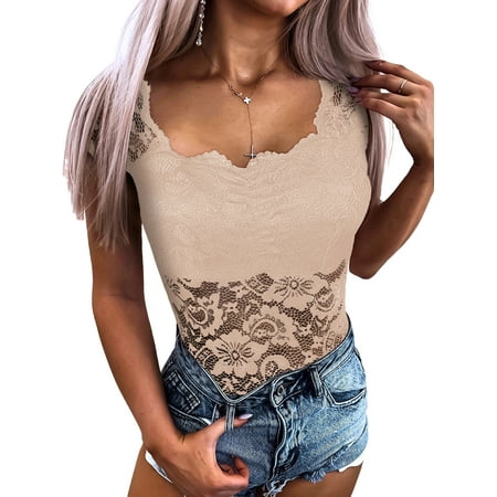 

Woobling Ladies Bodysuit Short Sleeve Jumpsuits Tummy Control Tops Women Boho Holiday Romper Khaki M