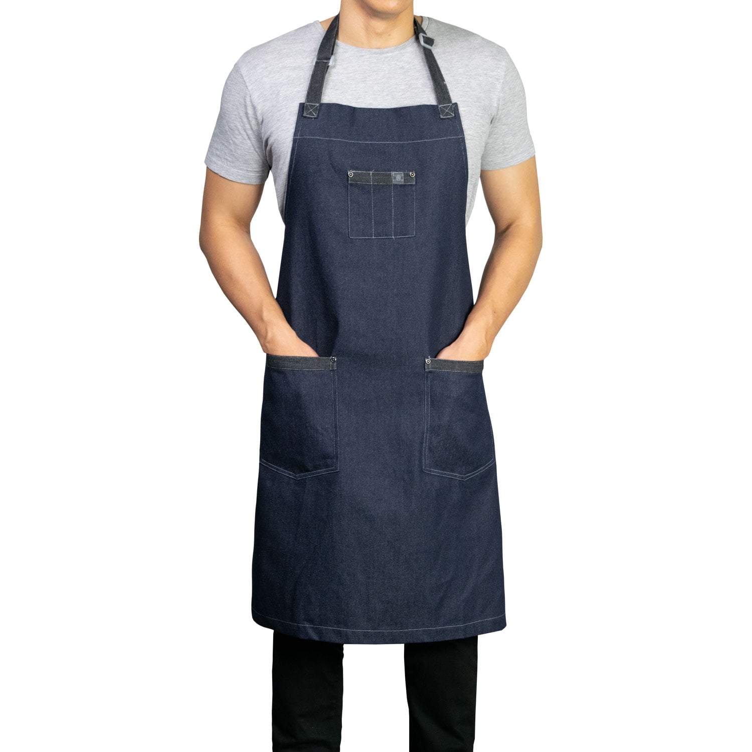 Chef Code Denim 3-Pocket Bib Apron with Adjustable Neck Strap, 34" Long