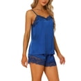 thumbnail image 4 of Conjuntos de pijama de satén para mujer INSPIRE CHIC con tirantes de encaje y pantalones cortos, 2 piezas, conjuntos de lounge de seda, M azul oscuro, 4 of 6