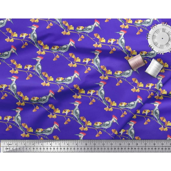 Soimoi Blue Cotton Voile Fabric Autumn Leaves & Woodpecker Bird Print Fabric by the Yard 58 Inch Wide
