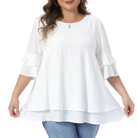DARING DIVA Women's Plus with Crew Neck and Ruffle Half Tops 1X White