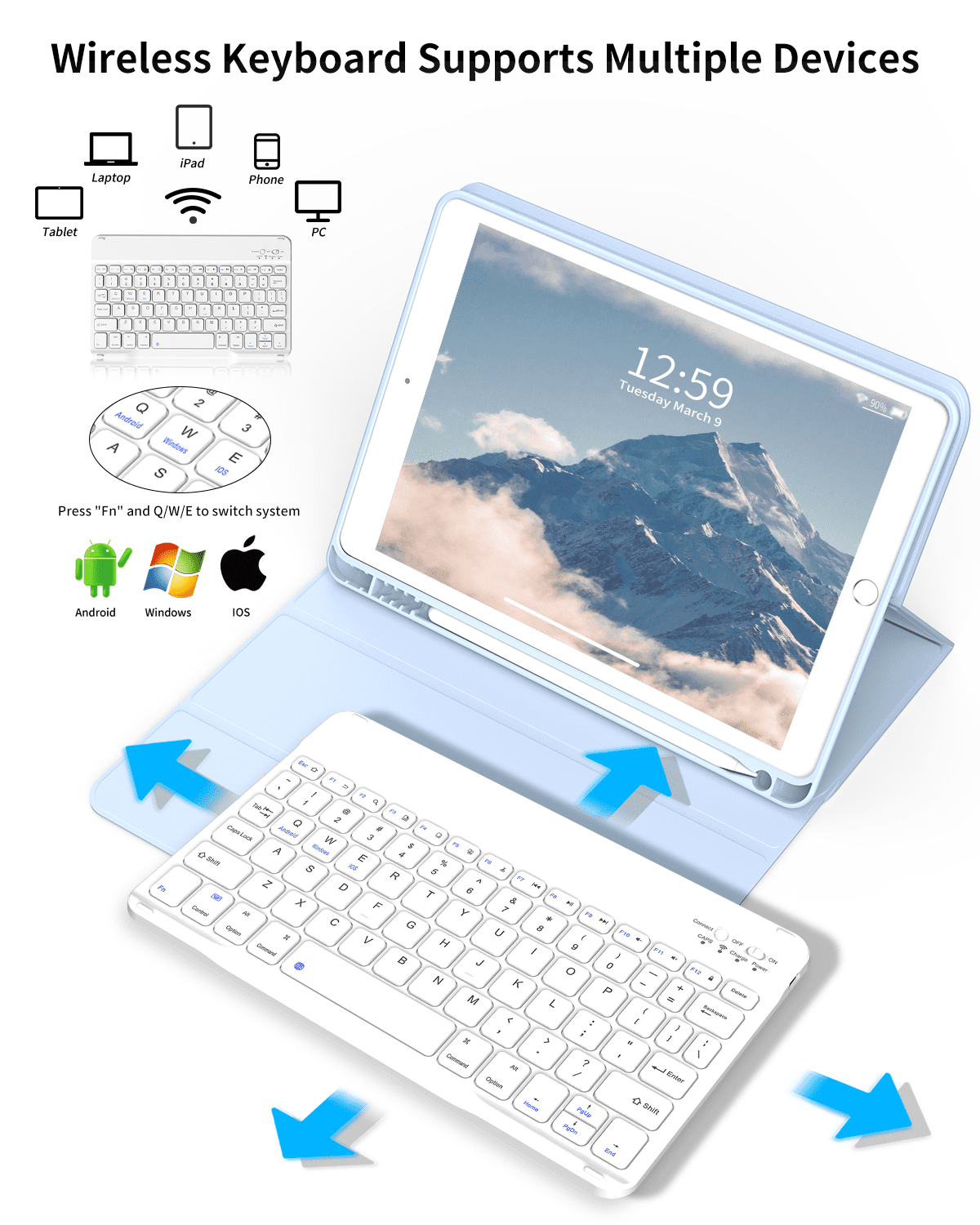 Aoub Keyboard Case for iPad 6th / 5th Generation 2018/2017 9.7 Inch, iPad Air / Air 2, Magnetic Detachable Wireless Bluetooth Folio Stand Rechargeable Keyboard Cover with Pencil Holder, Blue