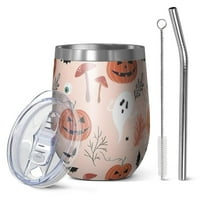12oz Stemless Wine Tumblers Halloween Ghosts and Pumpkins Pattern Vacuum Insulated Stainless Steel Travel Tumbler Cups Mug with Lid and Straw for Champaign,Cocktail,Beer with Cleaning Brush