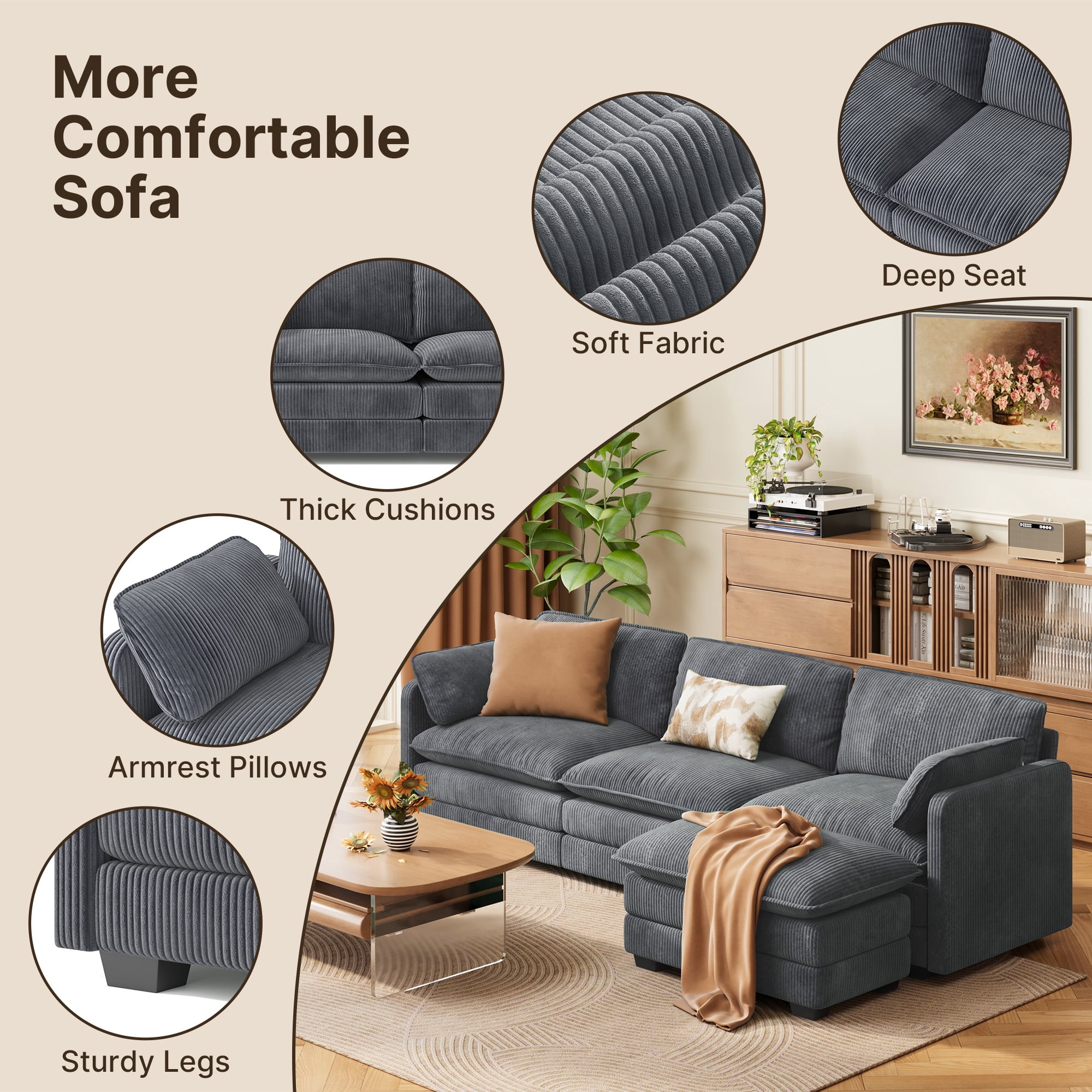 Lofka Modular Sectional Sofa Bed with Double Layer Cushions and Movable Ottoman, Modern Comfy Cloud Couch for Living Room, DIY Combination, Dark Gray
