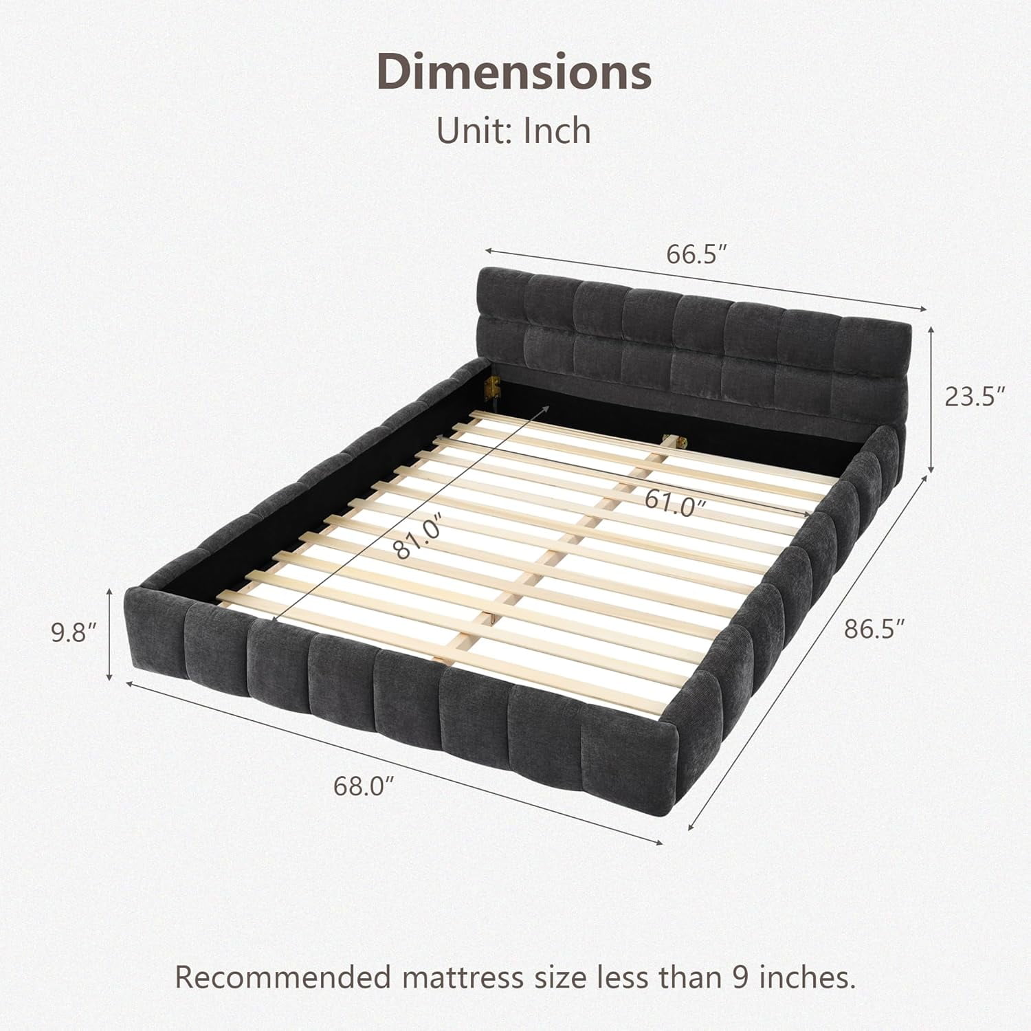 GAKMCIL Modern Queen Size Bed Frame, Chenille Fabric Grounded Queen Size Low Platform Bed with Headboard and Thick Fabric, Easy Assembly, No Box Spring Needed (Gray  68''*86.5''*23.5'')