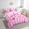 thumbnail image 3 of Manfei Girls Pink Ribbon Bowknot Bedding Comforter Set 7 Pieces,Geometric Stripes Full Bedding Set Lightweight,Dreamy Princess Fitted Sheet Flat Sheet,Microfiber Bedroom Decor,Reversible, 3 of 8