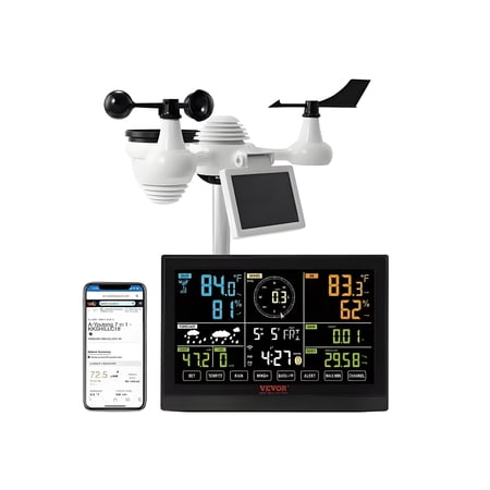 VEVOR 7-in-1 Wi-Fi Weather Station: 7.5" Color Display with Solar Wireless Outdoor Sensor, Temp/Humidity Alerts & Weather Underground Sync
