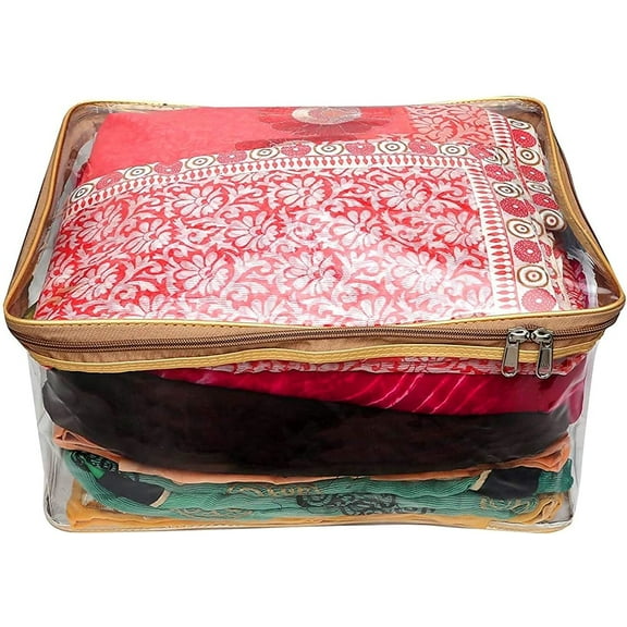 atorakushon Pack of 1 Saree Blouse Garments Storage Cover pouch Cloth Bag Full Transparent for Clear View with Zip Lock For Gown Suits Dresses (Gold)