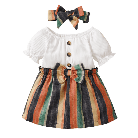 

NZRVAWS Baby Girls Dress Splice Stripe Summer Dress With Headband White 6-9 Months