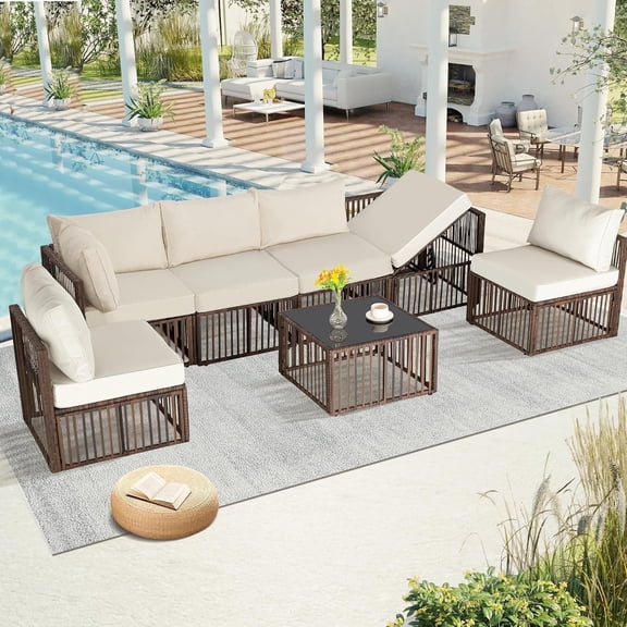 7 Pieces Outdoor Patio Furniture Set, Wicker Outdoor Sectional Conversation Couch Set with Adjustable Backrest Sofa, Cushions & Coffee Table for Outside,Garden,Deck,Brown Wicker/Beige Cushions