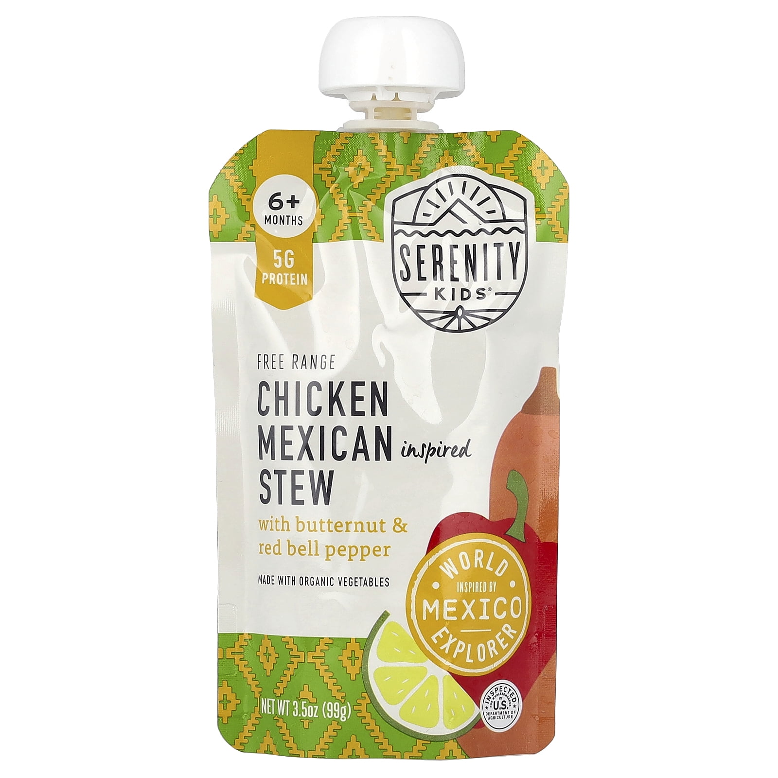 Serenity Kids Free Range Chicken Mexican Inspired Stew with Butternut & Red Bell Pepper, 6+ Months, 6 Pouches, 3.5 oz (99 g) Each