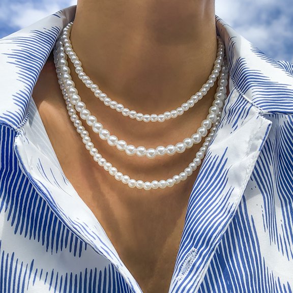 SmartBy 1 Set Choker Necklace Decorative Exquisite Eye-catching Skin Affinity Long Service Time All-match Three Layers Trendy Hip-Hop Style Imitation Pearl Men Necklace for Daily Wear