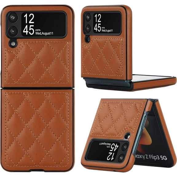 Designed for Samsung Galaxy Z Flip 4 Case, Leather Soft Luxury Slim Diamond-Shaped Flip Case for Women Men Shockproof Bumper Protective Cover, Brown