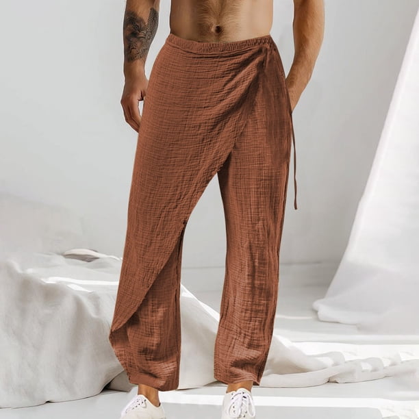 Pantalones largos de moda para hombre, casuales, de color sólido, con cintura elástica, rectos, con pierna de cuerno, pantalones largos de poliéster para hombre.