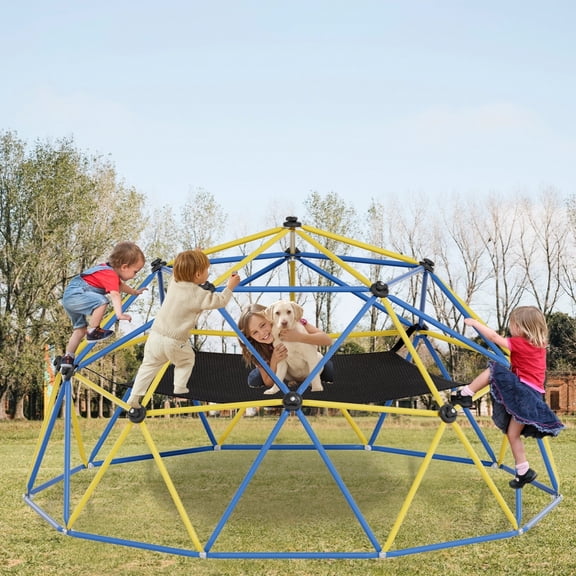 Climbing Dome,10FT Dome Climber with Hammock, Outdoor Play Equipment for 3 to 10 Children, Supports Jungle Gym up to 1,000 lbs, Rust Resistant, Easy to Assemble, Gift for Kids, Blue Yellow