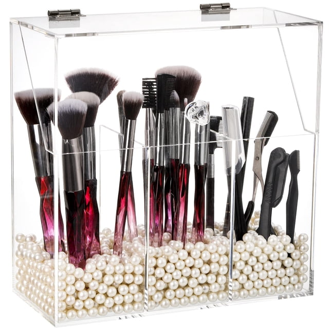 Soporte para brochas de maquillaje Ollen con tapa antipolvo, acrílico, blanco