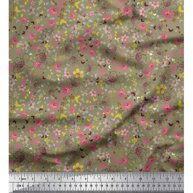 Soimoi Rayonne Tissu Feuilles, Papillon & Fleurs Imprimé Floral par Yard 42 Pouces de Large