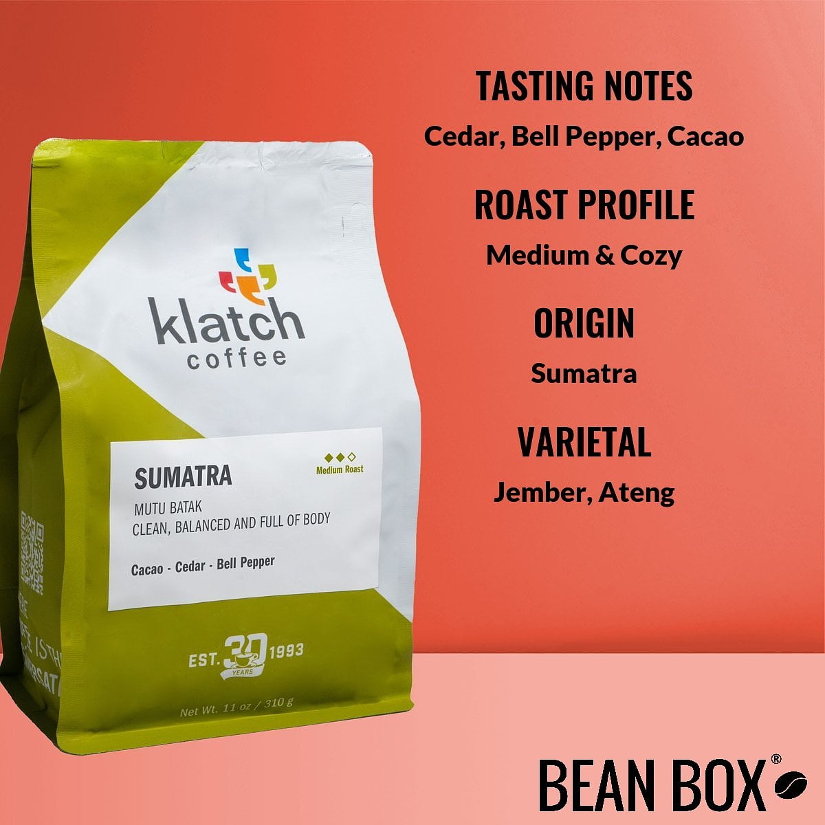 Sumatra Mutu Batak - Roasted by Klatch Coffee - Whole Bean Coffee - 310 Gram Bag