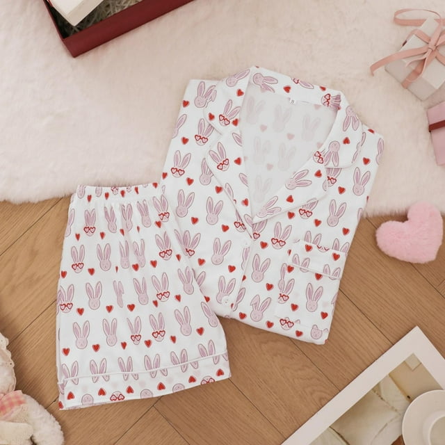 TINZ Ensembles de Pyjamas de la Saint-Valentin pour Femmes 2 Pcs Ensemble de Pyjamas pour Femmes Soie à Boutons Manches Ensembles Ensembles de Vêtements d'Intérieur pour Femmes