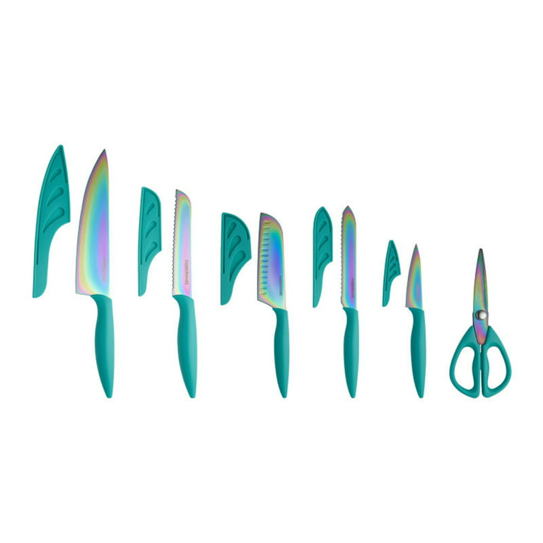 Farberware 11-piece Rainbow Iridescent Blades with Teal Handles and Sheath  Titanium Cutlery Set - Walmart.com