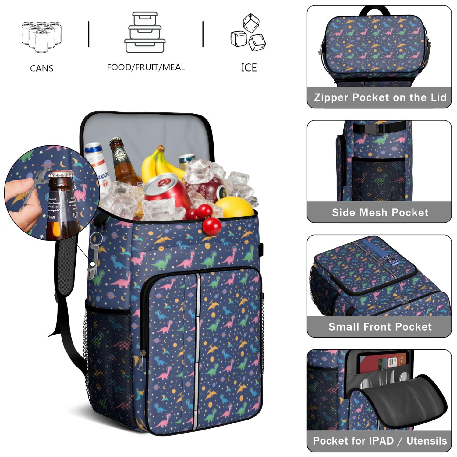 Travel Cooler Bag - Dark Blue Space Dinosaur Pattern Camping Beer Cooler Backpack with Bottle Opener- Waterproof Insulated Picnic Backpacks - Cooler Bag for Beach