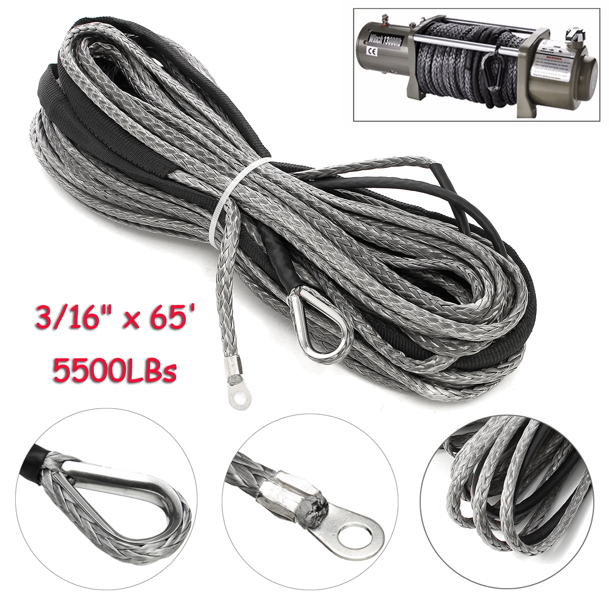 LBs with Sheath ATV UTV Gray 3//16 x 50 Synthetic Winch Line Cable Rope 5500