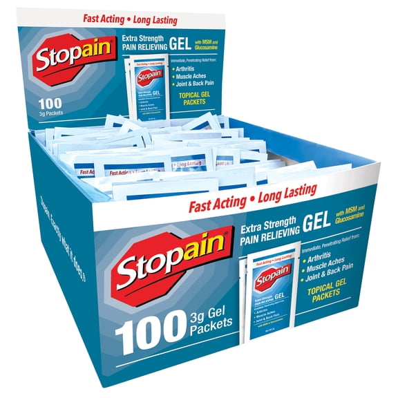 Stopain Pain Relief 3g Gel Packets, 100ct, 8% Menthol, Topical Pain Relief, Knee Pain Relief, Back Pain Relief, and Arthritis Pain Relief, Perfect for Workplace First Aid Cabinets, Made in USA