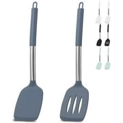 Grey Silicone Cooking Spatulas Sets with Stainless Steel Handle, Heat Resistant Slotted and Solid Kitchen Spatulas Pack, Non-Stick Silicone Turners Kitchen Utensils for Fish, Eggs, Pancakes