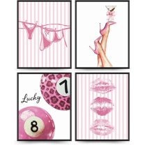 Aingg Leopard Pink Wall Art Posters for Bedroom, Preppy Trendy Cheetah Beachy Funky Cocktail Aesthetic Wall Decorations for Home Bar Cart Bedroom Decor Unframed 4Pcs