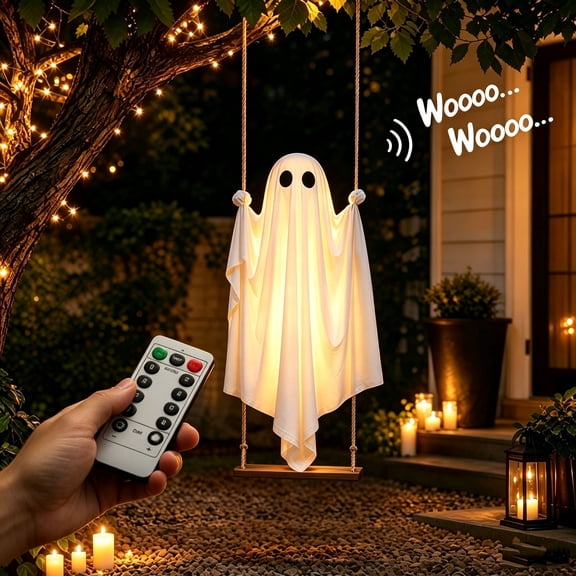 6FT Halloween Decorations Outdoor, ghost on swing, Remote Control with 8 Sounds and Lights for Outdoor, Haunted, Yard Prop