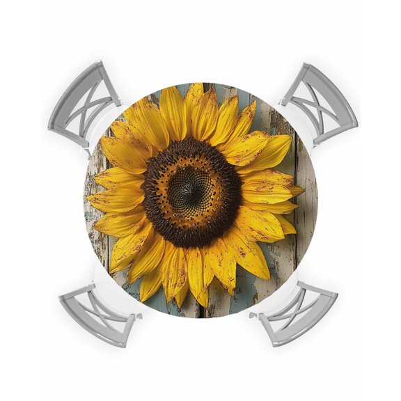 nqOlkjepod Summer Sunflower Round Tablecloth, Fitted Table Cover with Elastic for 36"-44" Round Tables, Vintage Wooden Botanical Floral Table Cloth Outdoor Dinning Party Waterproof Tablecloths