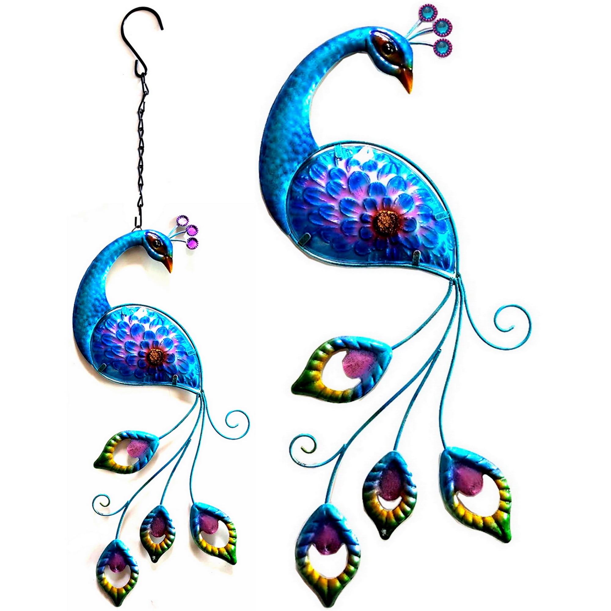 Blue Metal & Glass Peacock Wall Art Plaque Decor, Hanging Sculpture for
