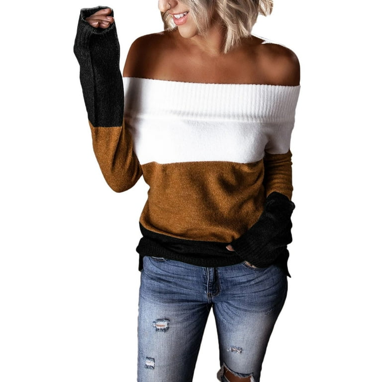 Pink Queen Women s Off Shoulder Sweater Long Sleeve Color Block Casual Knit Pullover Tops Ginger M Walmart