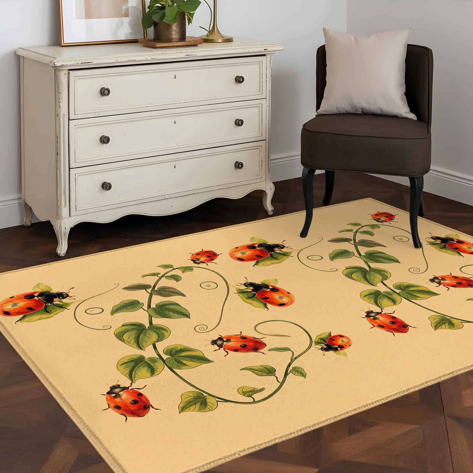 Ladybugs Eucalyptus Area Rugs 2.7'x5', Washable Small Throw Rugs for Kitchen Bedroom, Spring Botanical Leaves Yellow Indoor Outdoor Rug Non-Slip Low Pile Carpet Runner Reversible Floor Mats