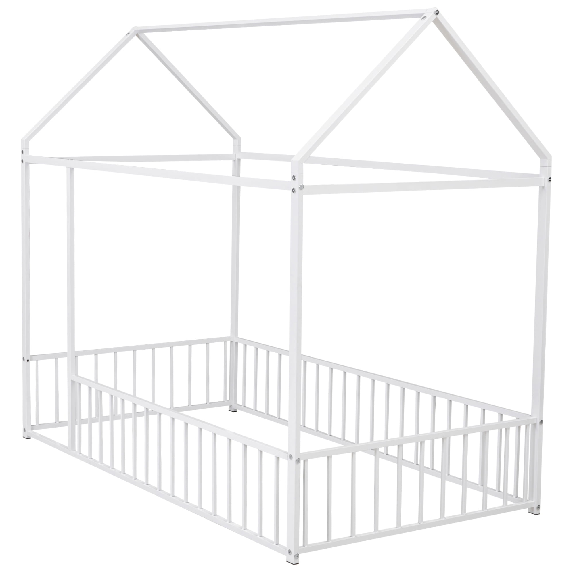 Harper & Bright Designs Metal Twin Size Floor Bed, House Bed Frame Montessori Beds with Fence Rails, Playhouse Beds for Girls Boys, White