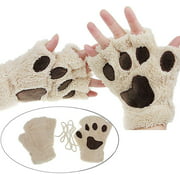 Girls Cartoon Bear Claw Gloves Half Finger Paw Gloves Winter Warm Plush Faux Fur Mittens Hand Wear