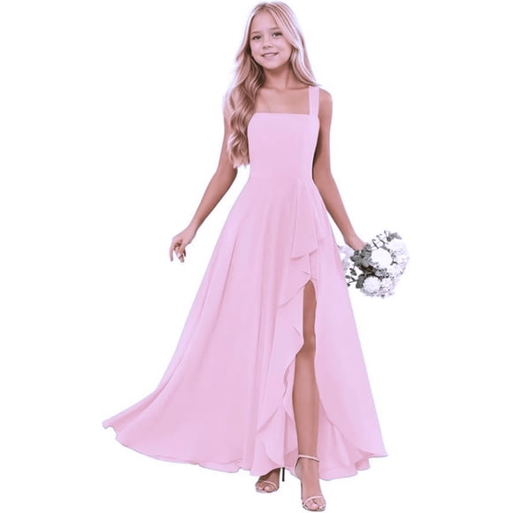 Junior Bridesmaid Dresses for Girls Formal Dress with Spaghetti Straps High Slit Skirt Elegant Teen Dresses Perfect for Weddings Parties Candy_Pink-2Y