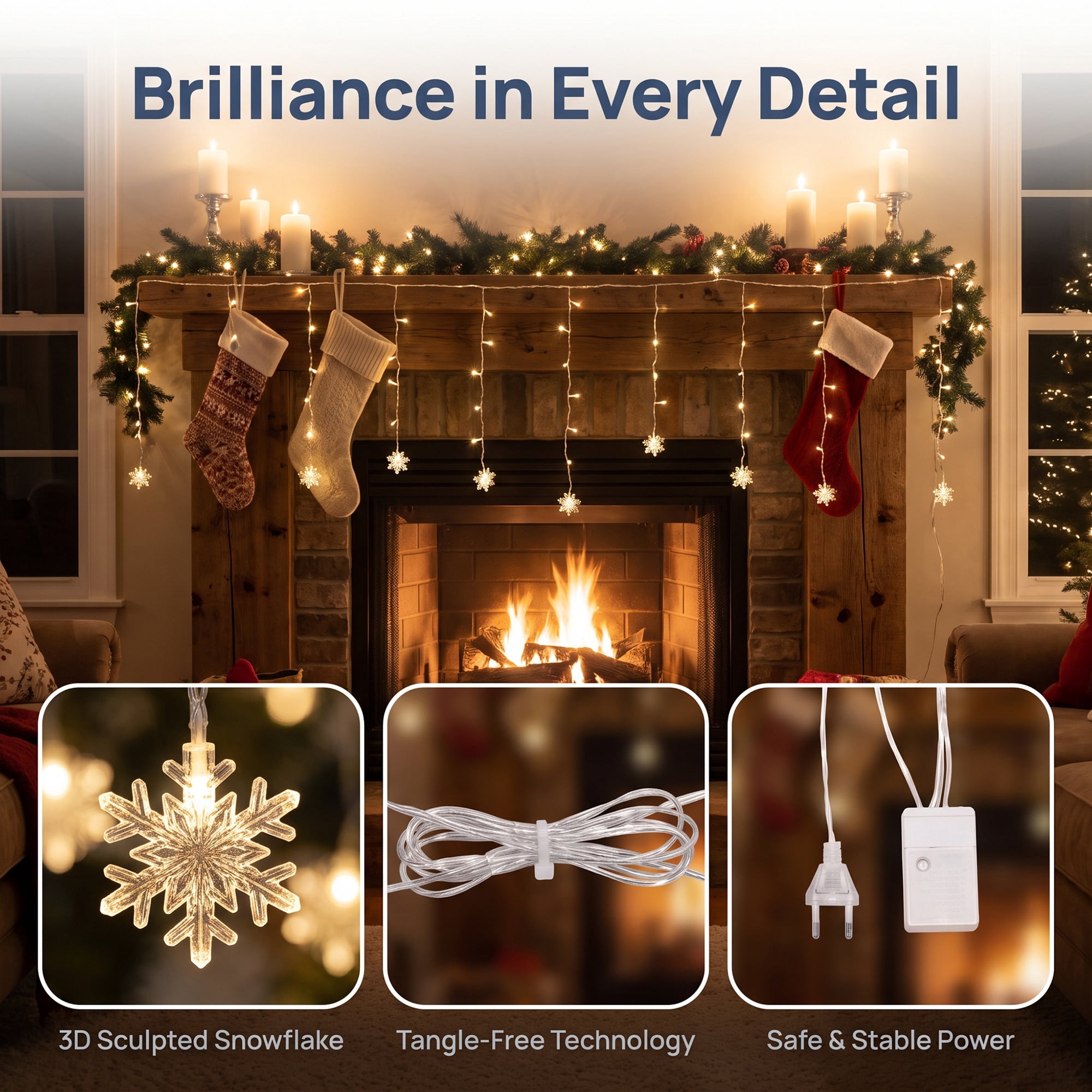 Unique Bargains 3D Snowflake Decor Lights for Indoor Romantic Winter Decorations 3.5 ft White EU Plug In Powers Steady On and Twinkle Lights