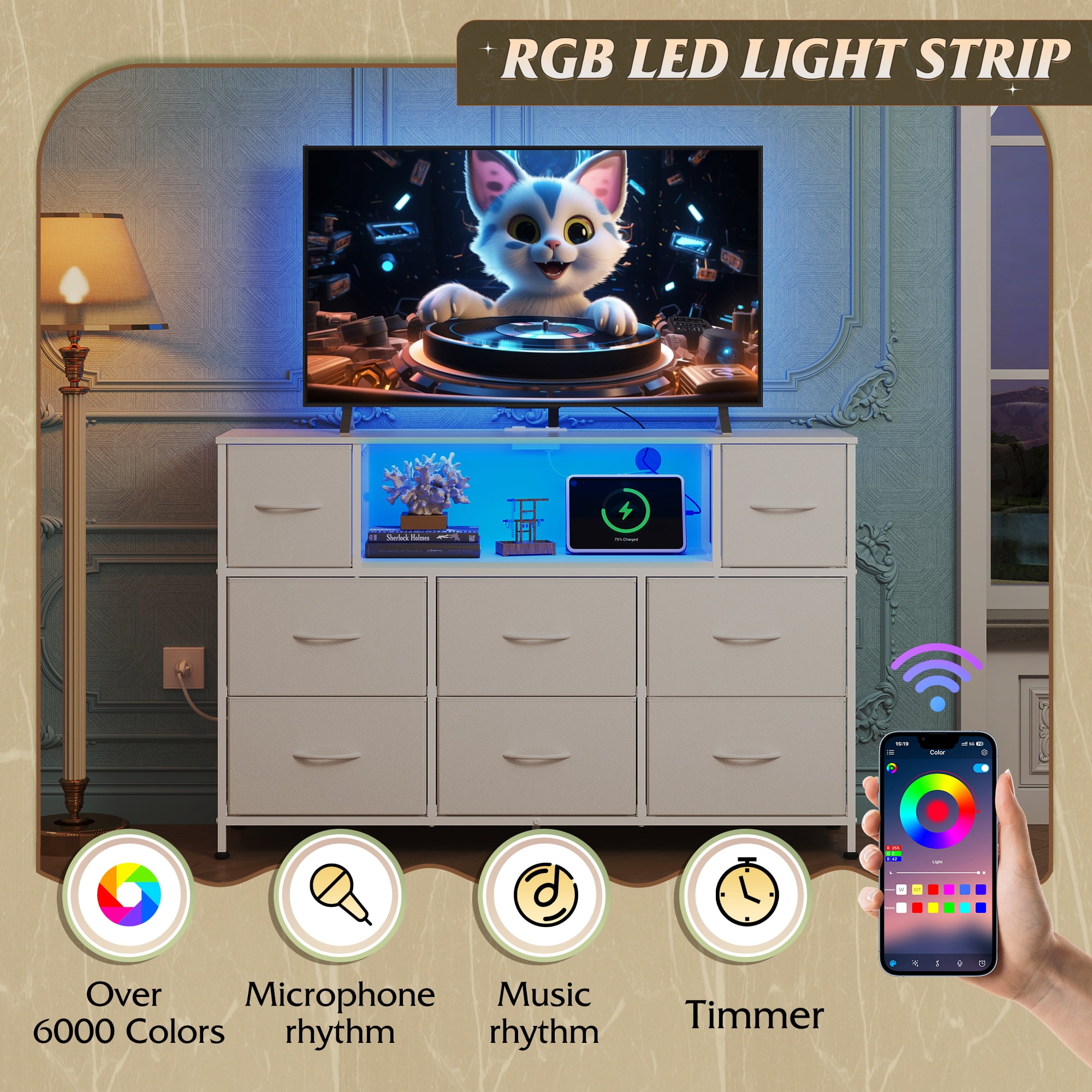 GALAXHERO 8-Drawer Dressers for Bedroom, Dresser TV Stand for 55'' TV with LED Lights and Power Outlets, Fabric Chest of Drawers for Living Room, Entryway, White