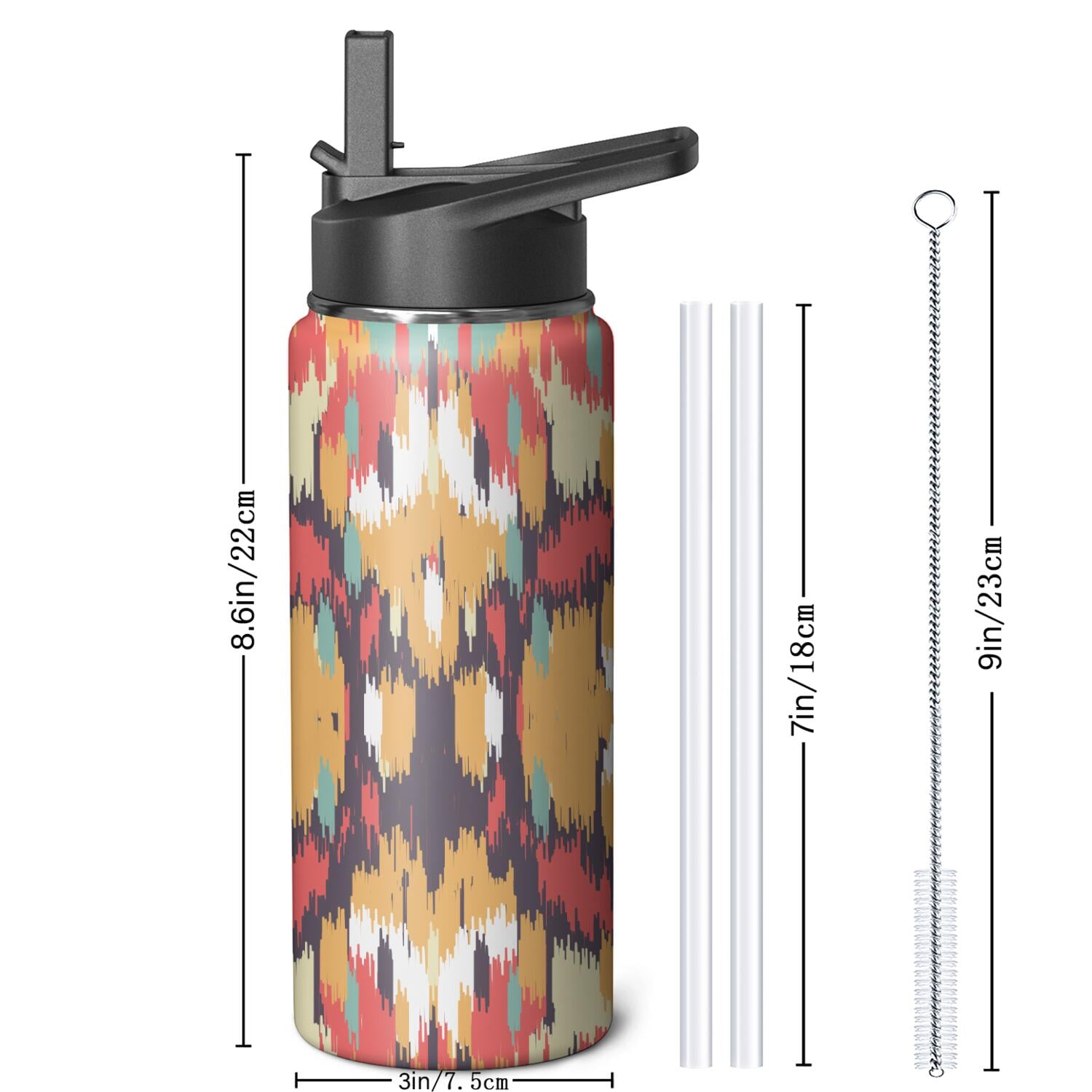 18oz Insulated Water Bottle with Straw & Cleaning Brush, Wide Mouth Stainless Steel Flask, Watercolor Splatter Painting Print