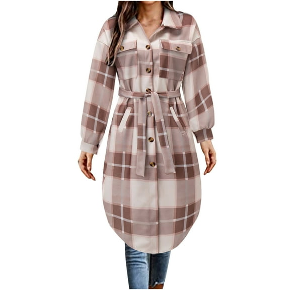 Women's Casual Wool Blend Long Plaid Lapel Shirt Jacket Button Down Pocketed Shirt Shacket Coat Outwear with Belt