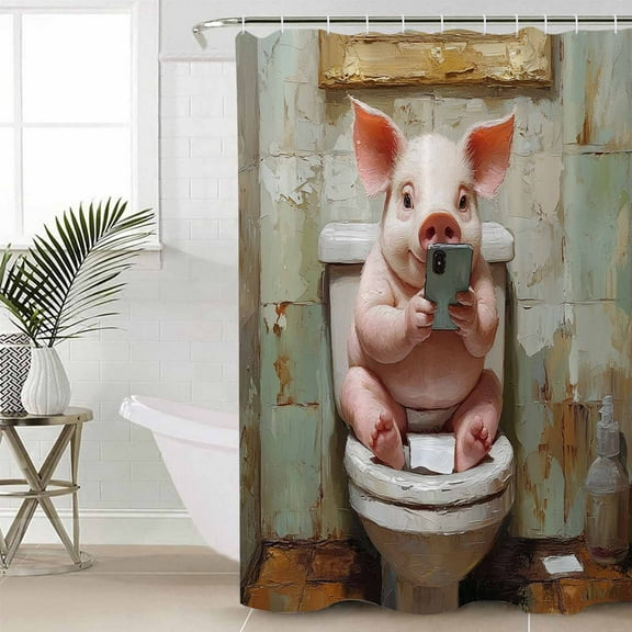 Bathroom Pig Waterproof Fabric Shower Curtain, Toilet Animals Vintage Shower Curtain for Bathroom Curtains Bathtubs Hotel Washable Shower Curtains with 12 Hooks Small 36x78in