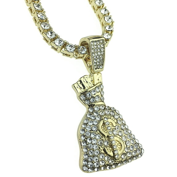 Money Bag Pendant Tennis Chain Gold Finish One Row Iced Hip Hop Necklace 24" Inch
