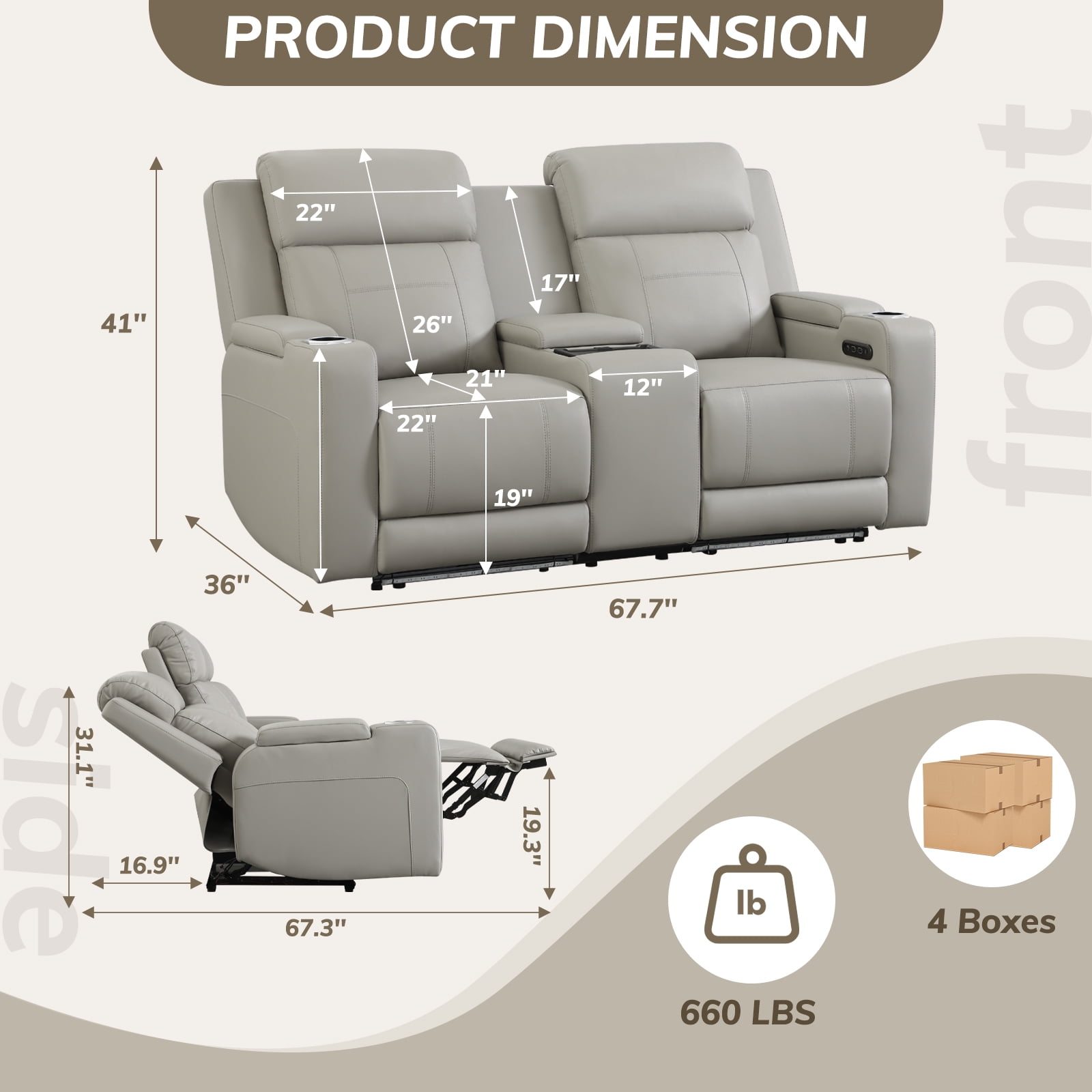 Power Recliner Loveseat, Home Theater Seating with Adjustable Headrest, Blue LED Lighting, Wireless Charging, USB, Type-C, PU Leather Reclining Sofa