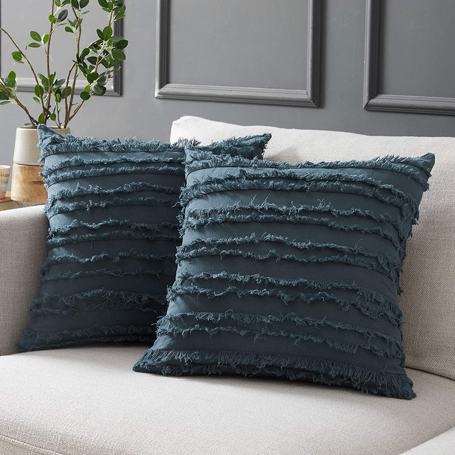 IMMEKEY 2 Pcs Grey Blue Throw Pillow Covers for Couch Sofa Bed, Cotton