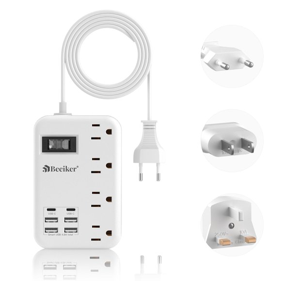 Adaptador de enchufe de viaje Beeiker de EE. UU. a Europa con 6 tomas USB y 4 salidas