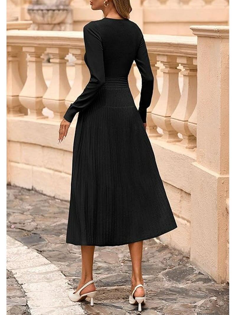 Prettygarden Women's Long Sleeve Midi Sweater Dress Fall Crewneck Knit A Line Pleated Wedding Guest Winter Dresses, Size: Small, Black