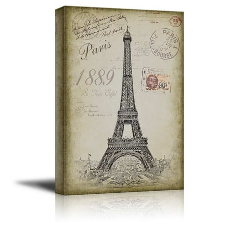 Paris Vintage wall26 - Sketching of The Eifel Tower with a Paris Themed Vintage Background - Canvas Art Home Decor - 12x18 inches ()