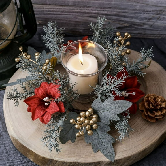 Christmas Wreath, Candle Ring, Artificial Leaves Candlestick Garland for Christmas Table Decoration, Silk Cloth Material Rose Wreath Centerpiece Home Decor
