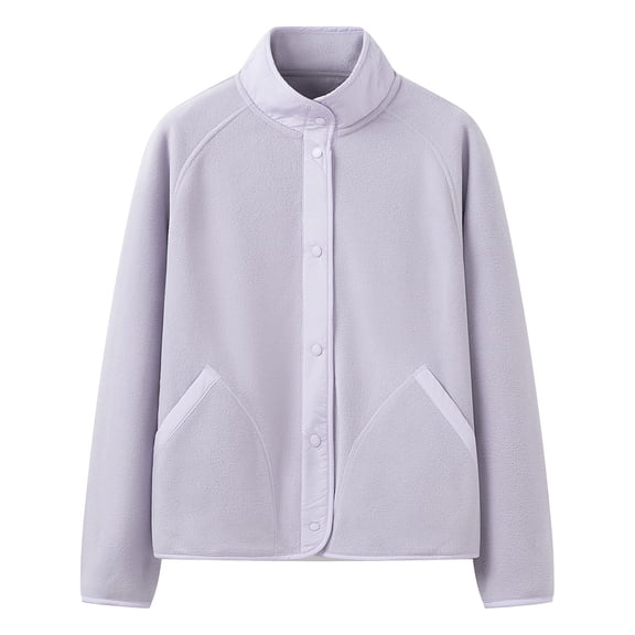Women's Stand Collar Jackets Button Down Color Block Fleece Cardigan Casual Stylish Outdoor Outwear With Pockets (XS, Purple)